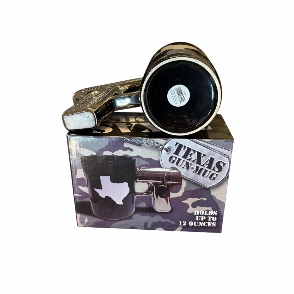 TEXAS GUN MUG BLACK PISTOL HANDLE 12 OZ COFFEE CUP WITH TEXAS GRAPHIC